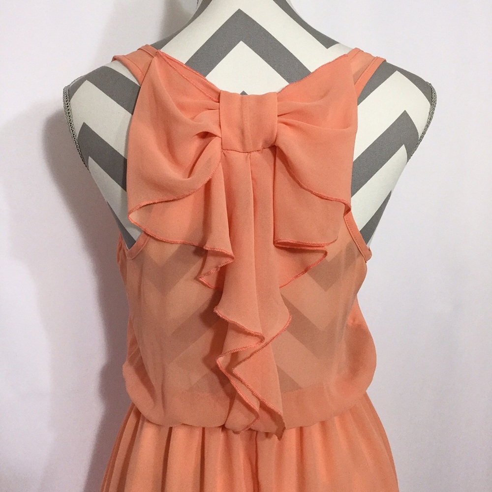 “Hello Miss"-Semi-sheer peach dress-bow in back w/ruffle-Sz Med. EUC